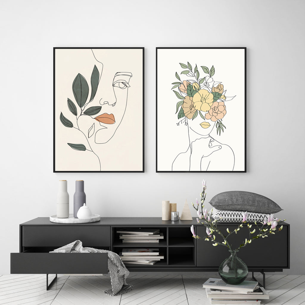 Wall art - Line Art Girl 2 sets- Canvas Prints- Poster Prints