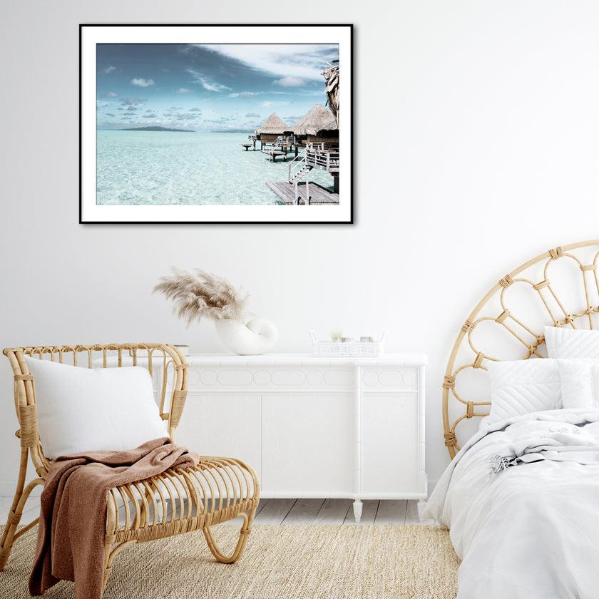 Art prints -Three-brown-wooden-cottage-and-sea- Poster Prints -Canvas Prints