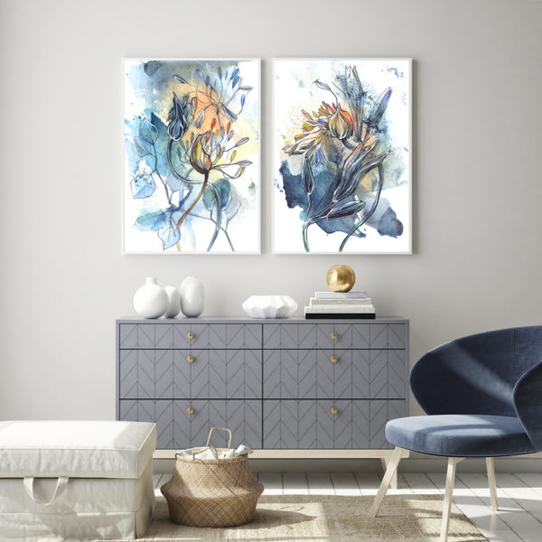 Wall art - Watercolor Style Abstract Flower 2 sets- Canvas Prints- Poster Prints