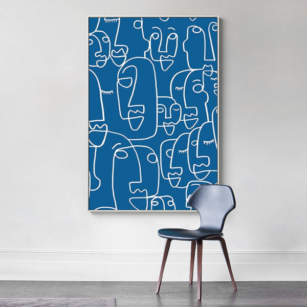 Wall Art - Line Art Faces Blue Background - Poster Prints -Canvas Prints