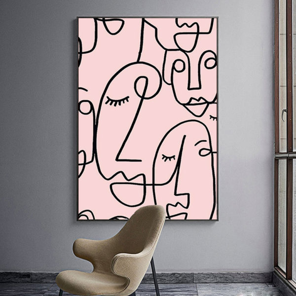 Wall Art - Line Art Lady Faces Pink Background - Poster Prints -Canvas Prints