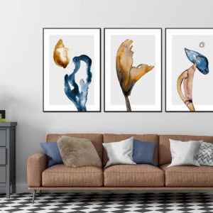 Wall Art prints - Blue and yellow ink art ( 3 sets )- Poster Prints -Canvas Prints