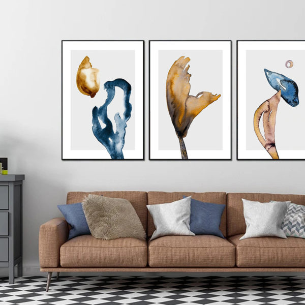 Wall Art prints - Blue and yellow ink art ( 3 sets )- Poster Prints -Canvas Prints