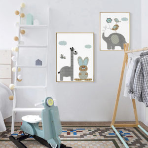 Wall art - Cartoon Giraffe Rabbit Elephant 2 sets- Canvas Prints- Poster Prints