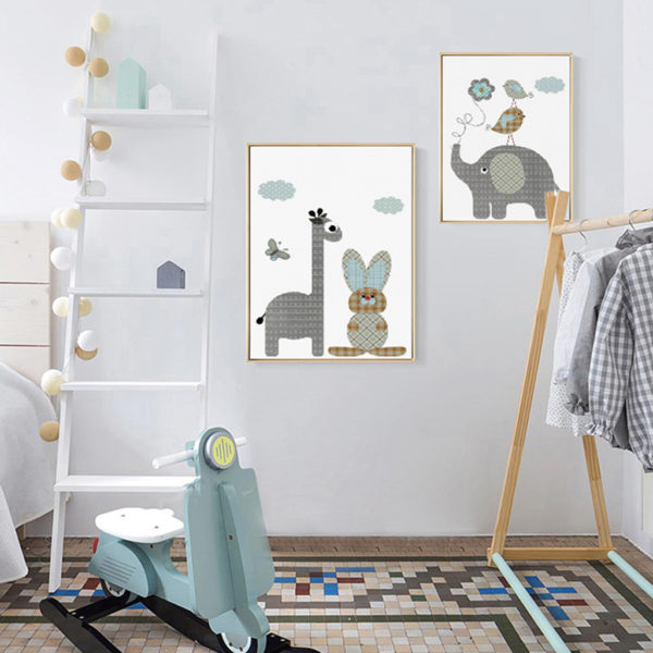 Wall art - Cartoon Giraffe Rabbit Elephant 2 sets- Canvas Prints- Poster Prints