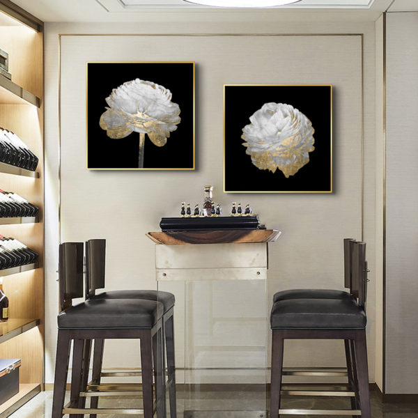 Wall Art - Gold And White Blossom On Black (2 sets)- Canvas Prints-Poster Prints