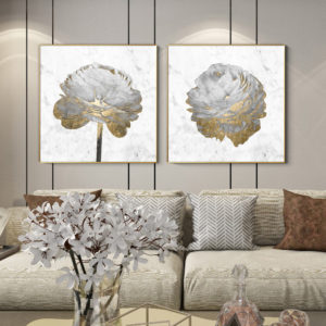 Wall Art - Gold And White Blossom On White (2 sets)- Canvas Prints-Poster Prints