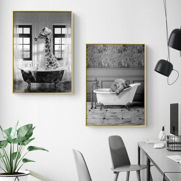 Wall art - Giraffe And Elephant In Bathroom (2 sets)- Canvas Prints- Poster Prints