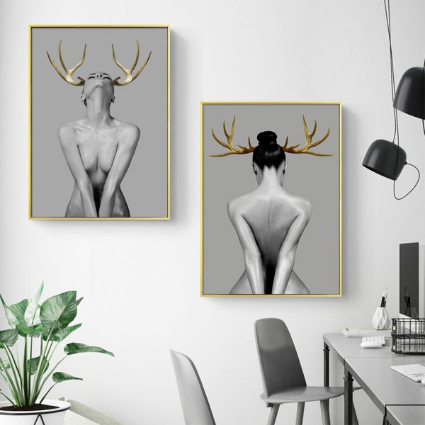 Wall art - Girl With Gold Horn (2 sets)- Canvas Prints- Poster Prints