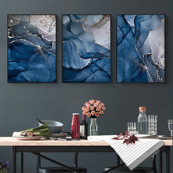 Wall Art  - Blue Gold Marble 3 Sets - Poster Prints -Canvas Prints