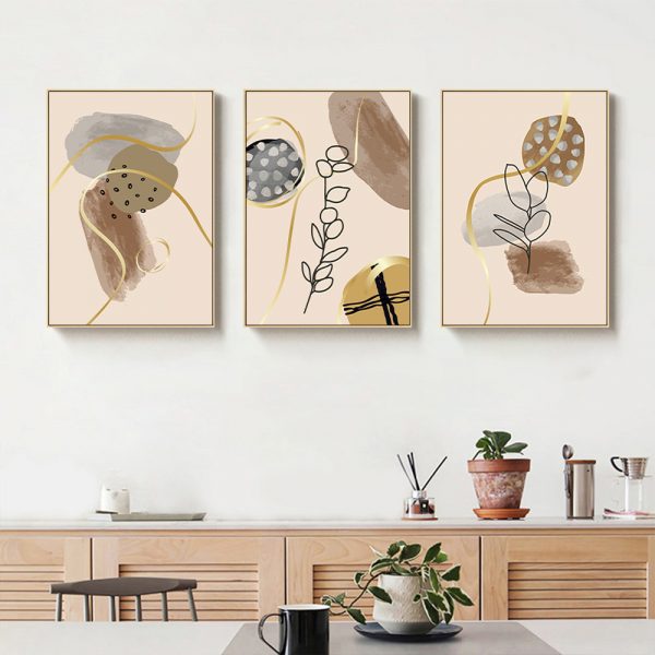 Wall Art  - Beige Leaves And Flowers 3 Sets - Poster Prints -Canvas Prints