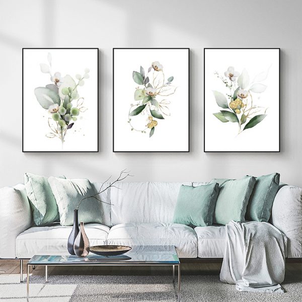 Wall Art  - Green and Gold Watercolor Botanical 3 Sets - Poster Prints -Canvas Prints