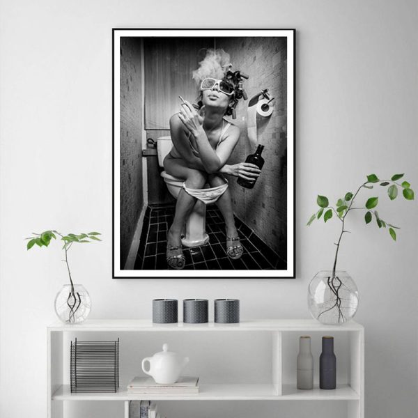 Wall Art - Woman Smoking On The Toilet - Canvas Prints-Poster Prints