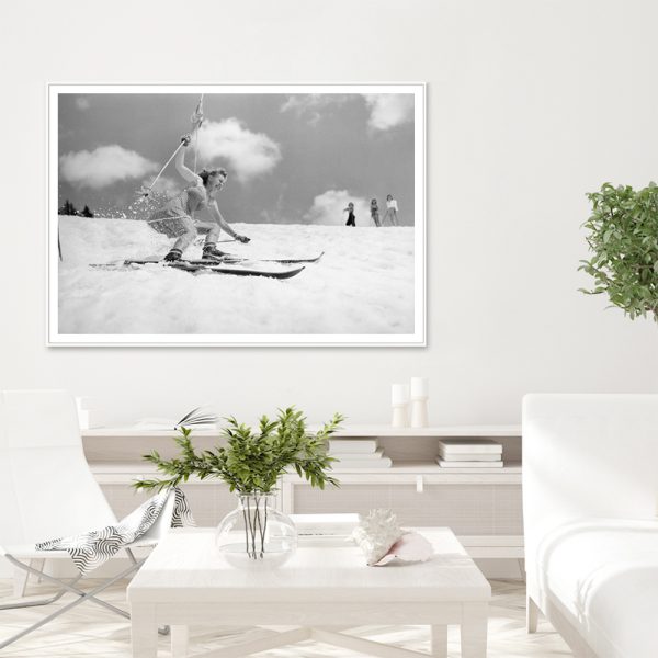 Wall Art - Young Woman Spring Skiing In A Skirt - Canvas Prints-Poster Prints