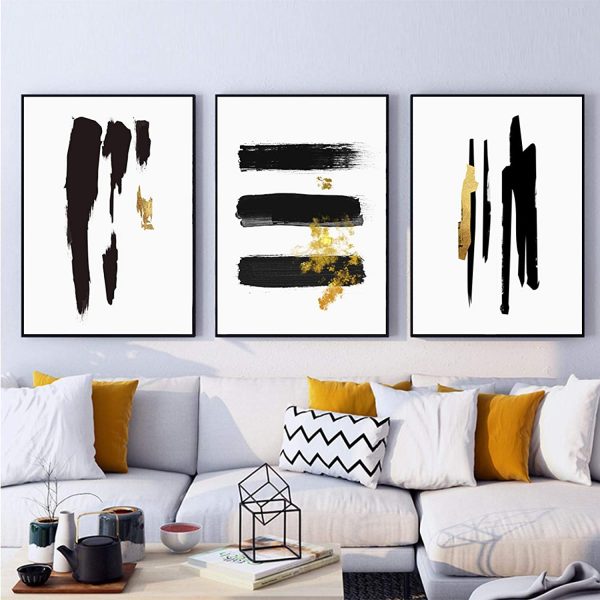 Wall Art - Abstract Gold Black Brush (3 sets) - Canvas Prints-Poster Prints