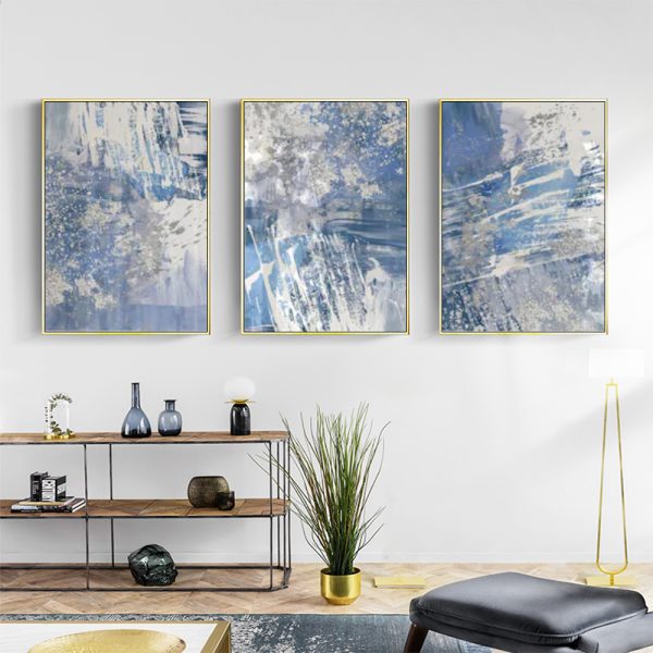 Wall Art - Blue Silver Brush Strokes (3 Sets) - Poster Prints -Canvas Prints - Image 2