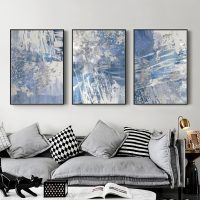 Wall Art - Blue Silver Brush Strokes (3 Sets) - Poster Prints -Canvas Prints