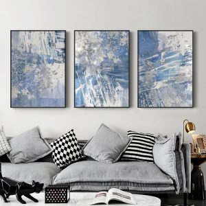 Wall Art - Blue Silver Brush Strokes (3 Sets) - Poster Prints -Canvas Prints