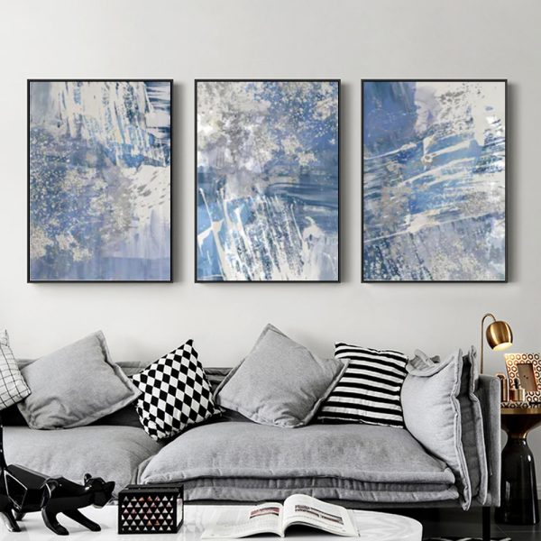 Wall Art - Blue Silver Brush Strokes (3 Sets) - Poster Prints -Canvas Prints