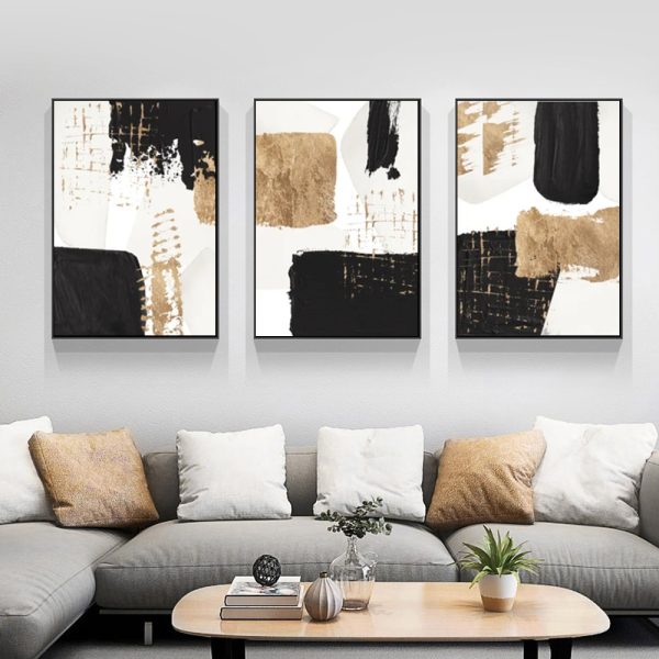 Wall Art - Black Gold Watercolour Shapes (3 Sets) - Poster Prints -Canvas Prints